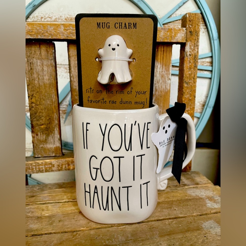 Rae Dunn Ceramic Halloween Mug  'If You've Got It Haunt It' With Mug Charm  Deco